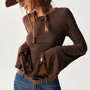 Chocolate Brown Boho Western Textured Mesh Bell Sleeve Top Y2K Grunge